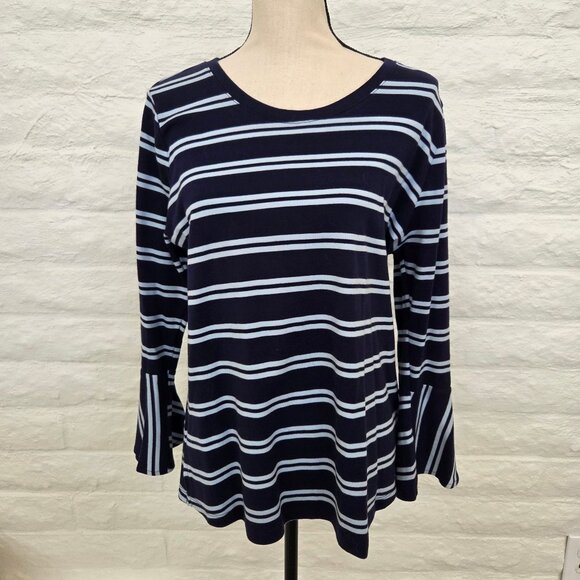 Isaac Mizrahi Top Womens Medium Blue White Stripe Cotton Scoop Neck Bell Sleeve - Picture 3 of 10